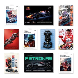 May include: A collection of nine Formula 1 themed posters featuring various drivers and race cars, including Kimi Räikkönen, Lewis Hamilton, Michael Schumacher, and Max Verstappen, alongside Red Bull, Ferrari, and Mercedes-AMG Petronas branding.