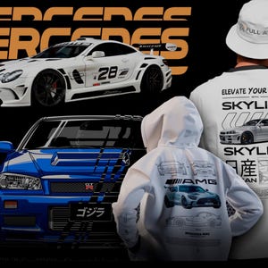 May include: The image displays a white Mercedes sports car and a blue Nissan Skyline R34. A white t-shirt with a car graphic and the text "ELEVATE YOUR DRIVE SKYLINE" is visible. A white hoodie with car schematics is also shown.