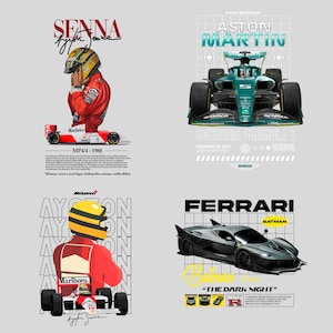 Puede incluir: Cuatro carteles con tem&aacute;tica de carreras. Uno presenta a Ayrton Senna con traje y casco de carreras rojos, con un coche de carreras patrocinado por Marlboro. Otro muestra un coche de carreras Aston Martin. Un tercer cartel muestra un coche de carreras McLaren.