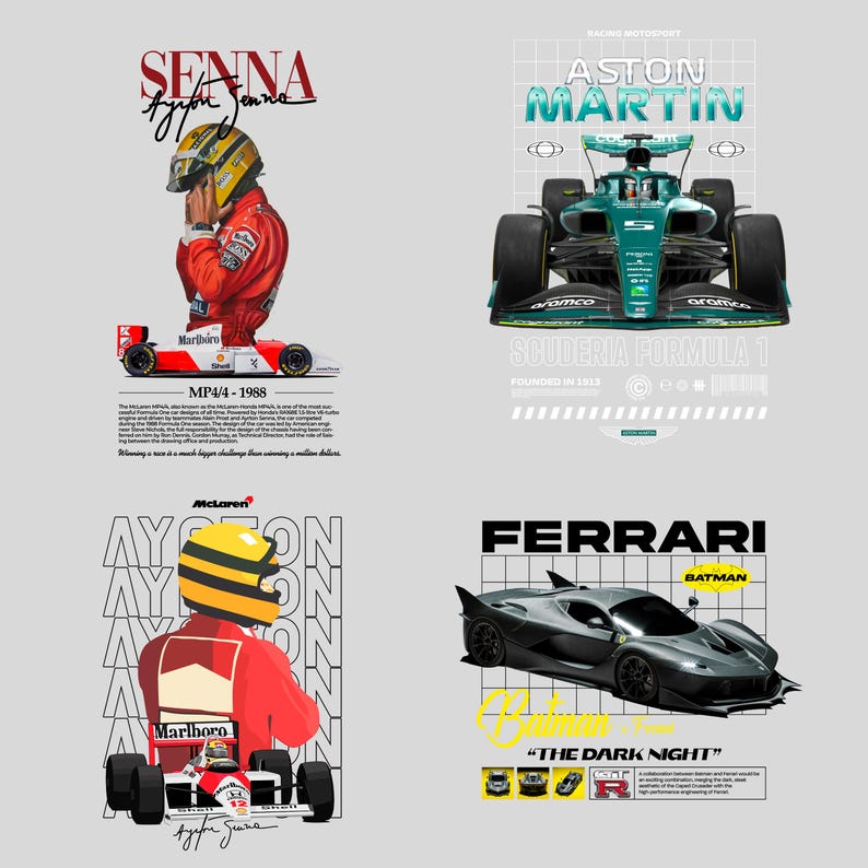 Puede incluir: Cuatro carteles con tem&aacute;tica de carreras. Uno presenta a Ayrton Senna con traje y casco de carreras rojos, con un coche de carreras patrocinado por Marlboro. Otro muestra un coche de carreras Aston Martin. Un tercer cartel muestra un coche de carreras McLaren.