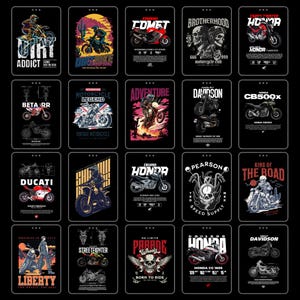 Peut inclure: Une collection de vingt autocollants rectangulaires noirs présentant divers designs de motos, incluant des marques comme Honda, Ducati et Harley Davidson, ainsi que des illustrations de motards, de crânes et des schémas techniques avec du texte.