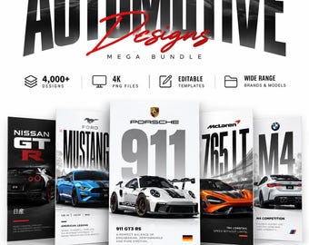 May include: A digital product bundle titled Ultimate Automotive Designs Mega Bundle featuring over 4,000 4K PNG files and editable templates. The display shows five vertical panels with images of Nissan GT-R, Ford Mustang, Porsche 911 GT3 RS, McLaren 765 LT, and BMW M4 cars.