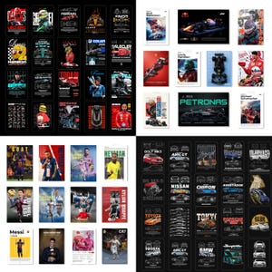 May include: A collection of rectangular posters featuring Formula 1 drivers, race cars, and soccer players. The prints display various athletes, vehicle technical diagrams, and team branding in both color and black-and-white graphic styles.