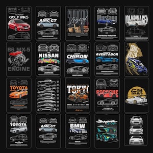 May include: A collection of twenty rectangular posters featuring various car models, including the Volkswagen Golf MK5, Ford Mustang, Nissan 350Z, Bugatti Chiron, Lamborghini Aventador, Toyota Supra, and BMW, displayed with technical line drawings and text.