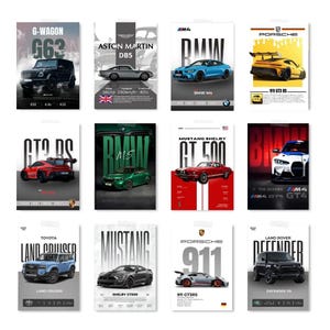 Könnte beinhalten: Eine Sammlung von zwölf rechteckigen Postern mit verschiedenen Luxus- und Sportwagen, darunter der G-Wagon G63, Aston Martin DB5, BMW M4, Porsche 911 GT3 RS, Mustang Shelby GT500 und Land Rover Defender, jeweils mit markanter Typografie.
