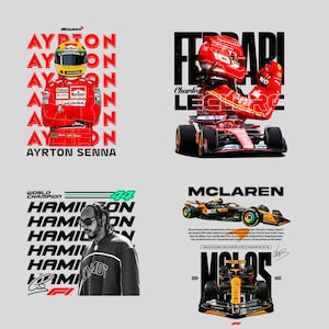 Puede incluir: Cuatro im&aacute;genes con temas de carreras de F&oacute;rmula 1. Una muestra a Ayrton Senna con un traje de carreras rojo, otra presenta a Charles Leclerc y una tercera a Lewis Hamilton. La cuarta imagen muestra un coche de carreras McLaren.