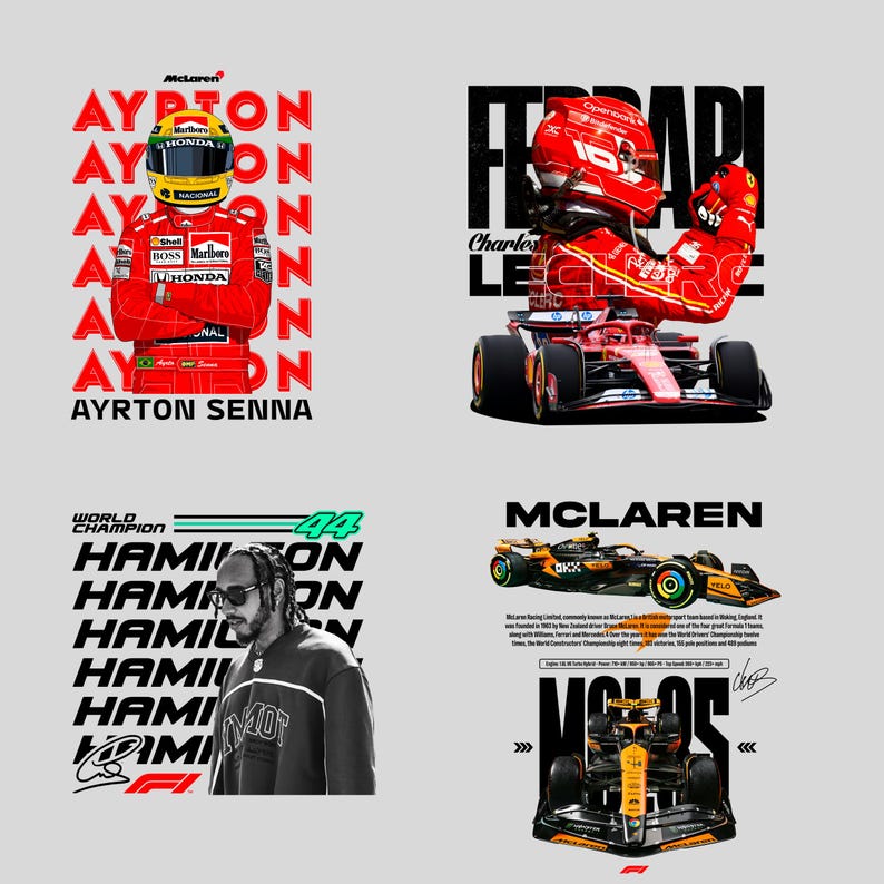 Puede incluir: Cuatro im&aacute;genes con temas de carreras de F&oacute;rmula 1. Una muestra a Ayrton Senna con un traje de carreras rojo, otra presenta a Charles Leclerc y una tercera a Lewis Hamilton. La cuarta imagen muestra un coche de carreras McLaren.