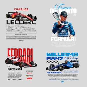 Puede incluir: Un collage de im&aacute;genes de F&oacute;rmula 1. Incluye un coche de carreras Ferrari rojo con texto "CHARLES LECLERC", una foto de Franco Colapinto con un trofeo y un coche de carreras Williams azul. El texto incluye "FORMULA 1 FERRARI" y "SCUDERIA RACING".