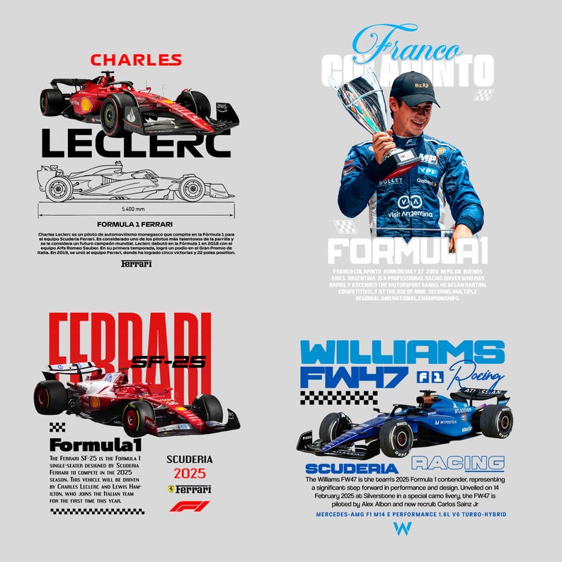 Puede incluir: Un collage de im&aacute;genes de F&oacute;rmula 1. Incluye un coche de carreras Ferrari rojo con texto "CHARLES LECLERC", una foto de Franco Colapinto con un trofeo y un coche de carreras Williams azul. El texto incluye "FORMULA 1 FERRARI" y "SCUDERIA RACING".