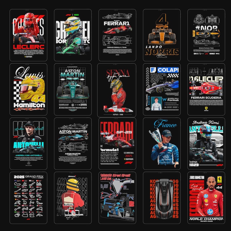Puede incluir: Una colecci&oacute;n de tarjetas rectangulares negras con temas de carreras de F&oacute;rmula 1. Cada tarjeta muestra un piloto, un coche o el logotipo de un equipo, con texto que incluye nombres como Leclerc, Hamilton y Ferrari. Dise&ntilde;o gr&aacute;fico moderno.