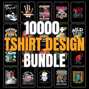 May include: A digital collection of 10,000+ t-shirt designs featuring a variety of graphic illustrations including mountains, surfing, retro cars, coffee themes, motorcycles, hiking, football, wildlife, beach scenes, astronauts, and statues.