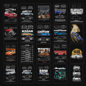 May include: A collection of twenty rectangular posters featuring various car models, including the Volkswagen Golf MK5, Ford Mustang, Nissan 350Z, Bugatti Chiron, Lamborghini Aventador, Toyota Supra, and BMW, displayed with technical line drawings and text.