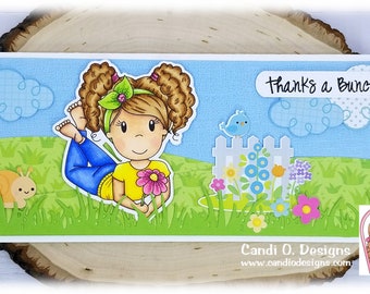 Thanks a Bunch, Girl with flower, outdoor scene slimline card