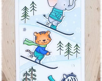 Snow Wishes, Ski Card, Animals Skiing, Slimline Card