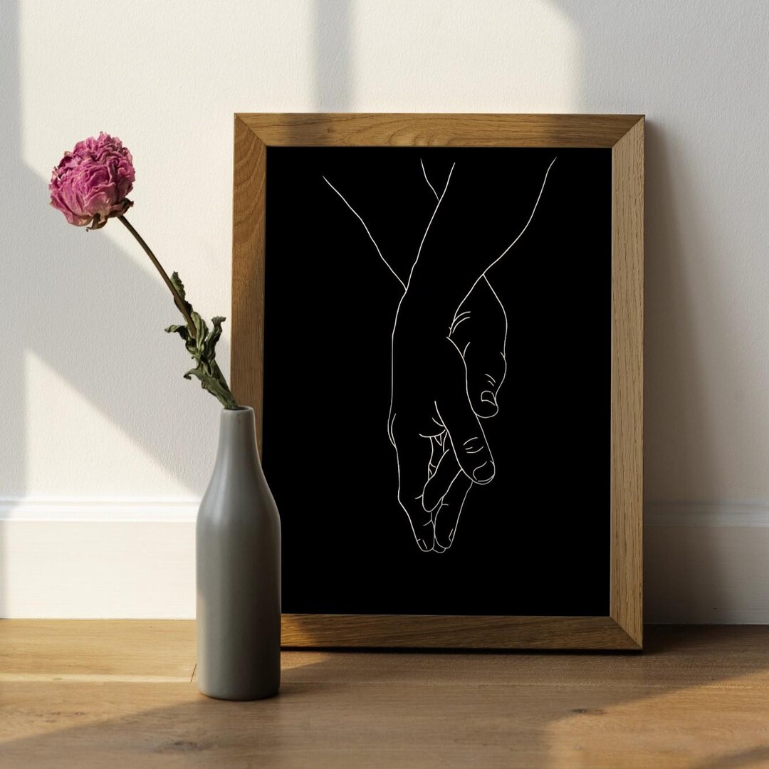 Minimalist Holding Hands Line Art Print, White Hands on Black ...