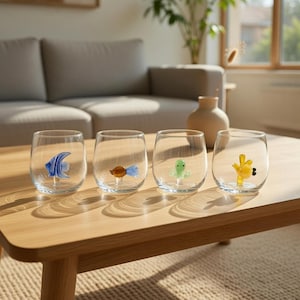 May include: Four clear stemless glasses with colorful sea creature designs. The designs include a blue fish, an orange fish with blue fins, a green octopus, and a yellow starfish. The glasses are on a light brown wooden table.