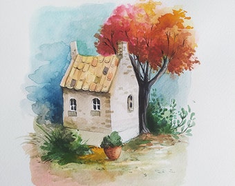 Original house painting-watercolor-home decor- original watercolor illustration-autumn-cottage illustration-garden illustration