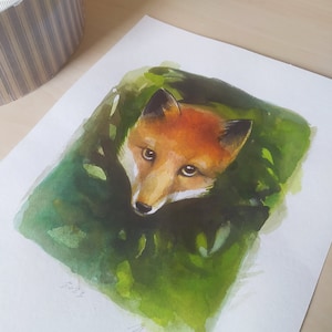 Fuchs original Aquarell A4-Aquarell-Stil-Wohnkultur-Natur-Fuchs-Kunst- Housewarming-Wanddekoration-Herbstdekoration-Rote Farbe
