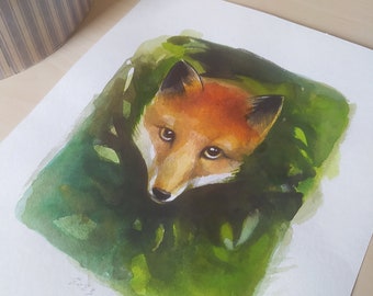 Fox original watercolor painting A4-Watercolor Style Home Decor-Nature -Fox art- Housewarming-Wall decoration-Autumn decoration-Red color