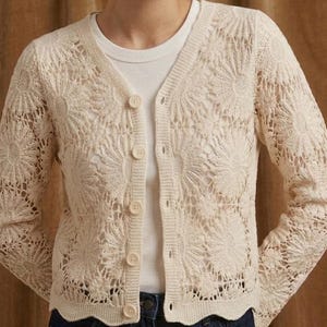 May include: Cream-colored, open-weave cardigan with a floral pattern. The long-sleeved sweater has a V-neck, button closure, and a scalloped hem. The cardigan is made of a soft, textured material.