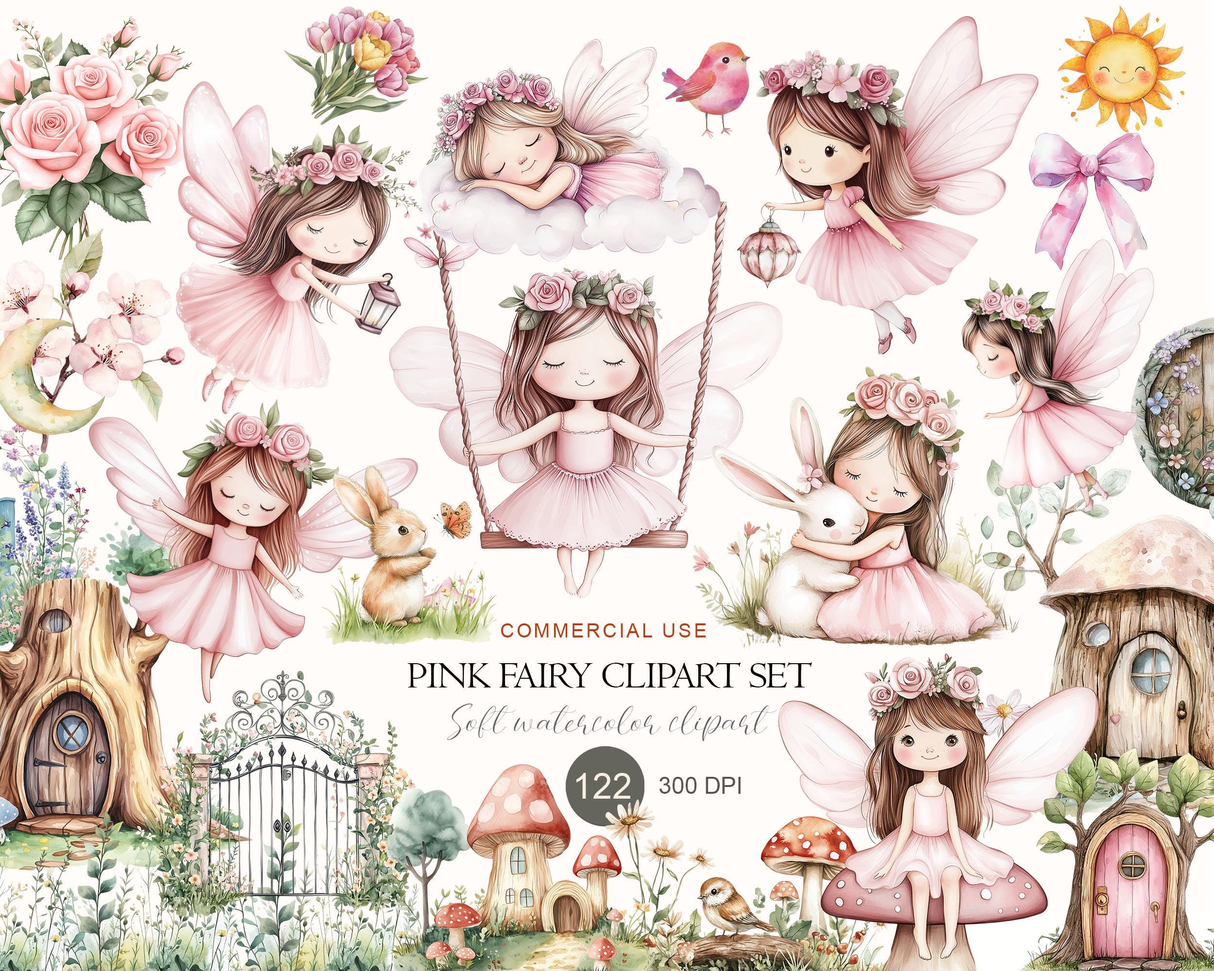 Pink Fairy Clipart Set, Watercolor Fairies, Spring Fairyland Elements ...