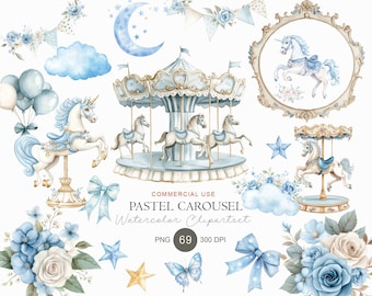May include: A digital clipart set featuring watercolor illustrations of a carousel, unicorns, blue roses, clouds, stars, a crescent moon, bows, and a butterfly. The text reads: COMMERCIAL USE PASTEL CAROUSEL Watercolor Clipartset PNG 69 300 DPI.
