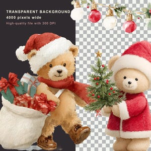 May include: Two light brown teddy bears wearing red and white Santa hats. One bear carries a white sack filled with red and green wrapped gifts, while the other holds a small green Christmas tree. Above them hang red and white ornaments.