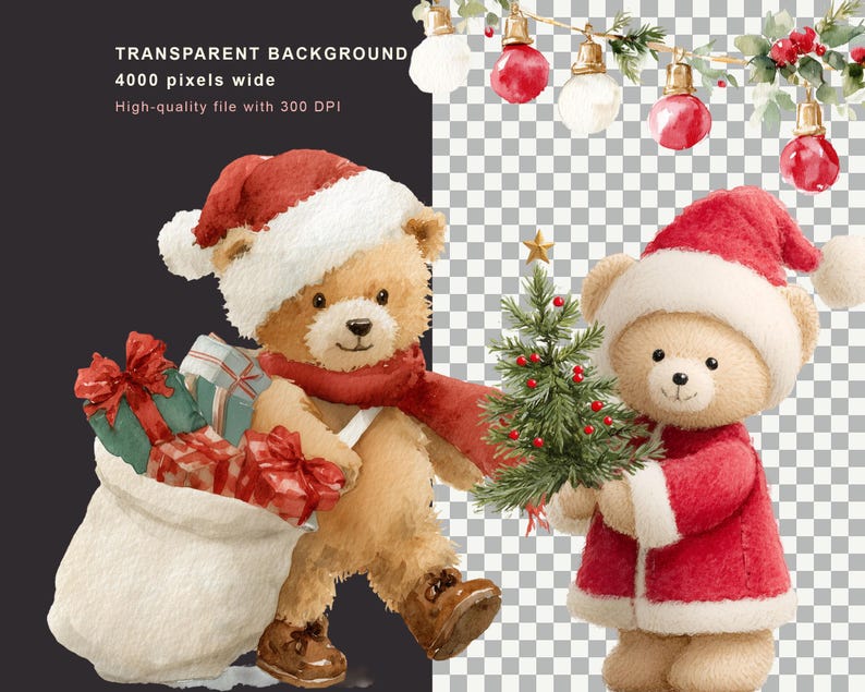 May include: Two light brown teddy bears wearing red and white Santa hats. One bear carries a white sack filled with red and green wrapped gifts, while the other holds a small green Christmas tree. Above them hang red and white ornaments.