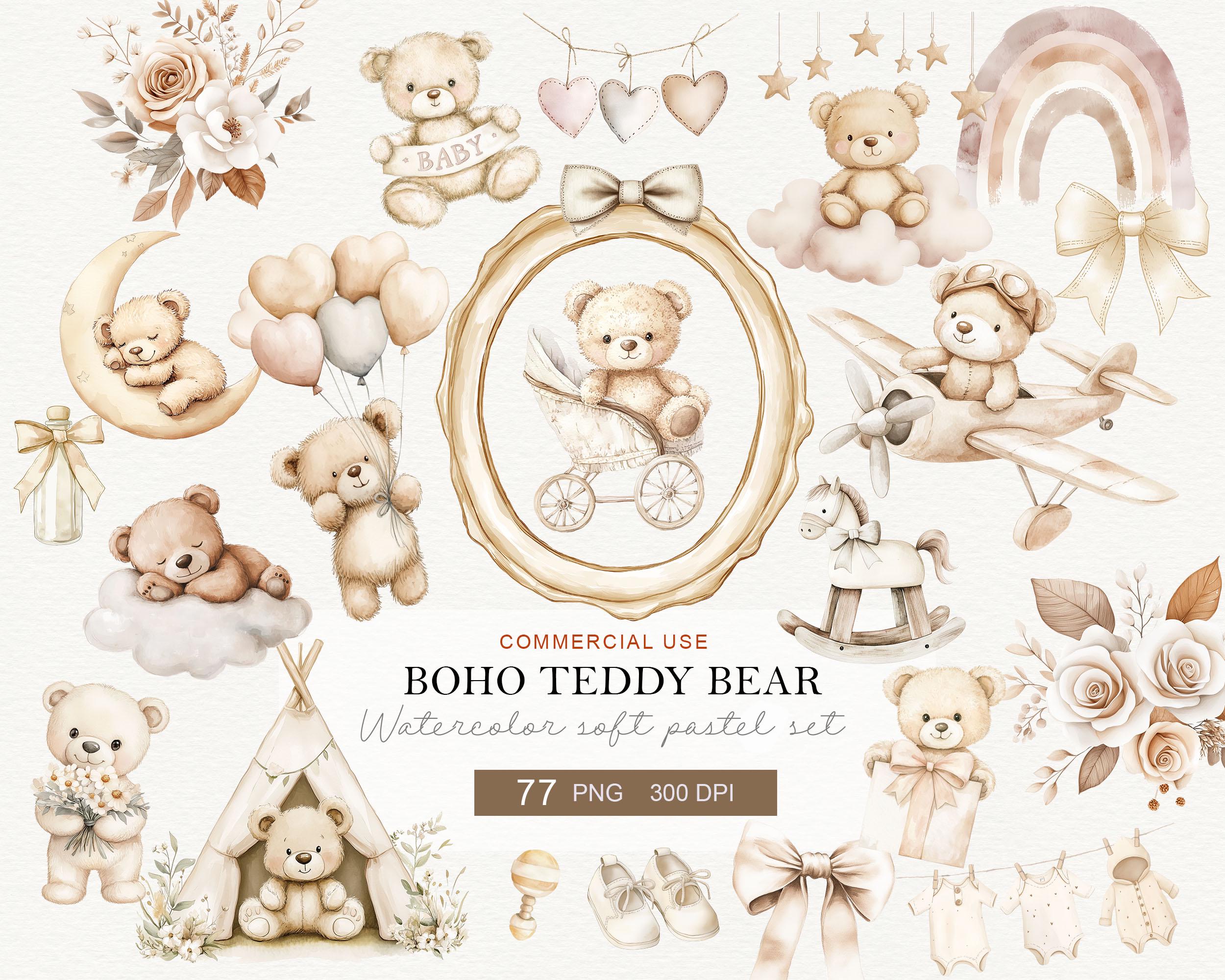 Watercolor Teddy Bear Clipart Bundle, Neutral Baby Shower Clipart ...