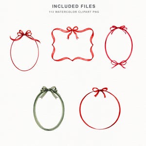 May include: A collection of five watercolor frames made of ribbon, including four red ribbon frames in oval, rectangular, and circular shapes with bows, and one olive green oval ribbon frame with a bow. Text reads INCLUDED FILES 113 WATERCOLOR CLIPART PNG.