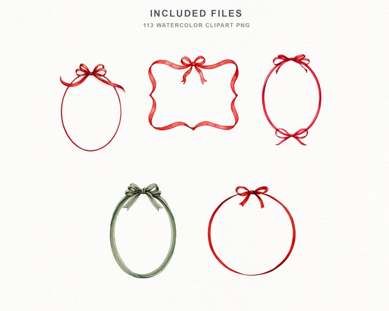 May include: A collection of five watercolor frames made of ribbon, including four red ribbon frames in oval, rectangular, and circular shapes with bows, and one olive green oval ribbon frame with a bow. Text reads INCLUDED FILES 113 WATERCOLOR CLIPART PNG.