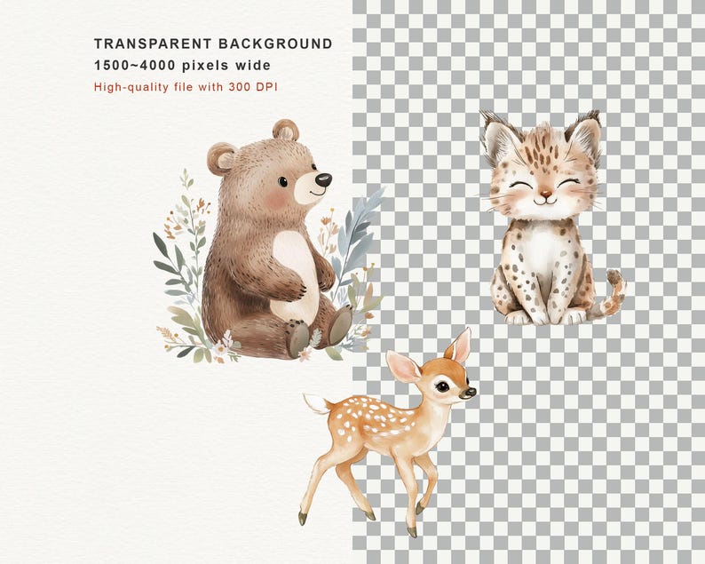 Op de afbeelding: Waterverfillustraties van een beer, een bobcat en een hert. De beer is bruin met een lichte buik, de bobcat is bruin met zwarte vlekken en het hert is lichtbruin met witte vlekken. De tekst bovenaan luidt "TRANSPARENT BACKGROUND".