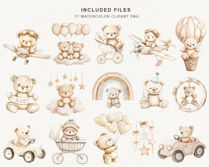 Watercolor Teddy Bear Clipart Bundle, Neutral Baby Shower Clipart ...