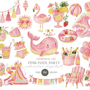 Pink Pool Party Watercolor Clipart Set, Summer Flamingo Float PNG (Digital Download)
