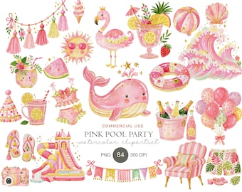Pink Pool Party Watercolor Clipart Set, Summer Flamingo Float PNG (Digital Download)