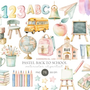Könnte beinhalten: Eine Sammlung von pastellfarbenen Aquarell-Cliparts zum Thema Schule mit Zahlen, Buchstaben, Schulbus, Globus, Rucksack, Büchern, Stiften, Farben, Tafel und Schulgebäude. Text: "COMMERCIAL USE PASTEL BACK TO SCHOOL watercolor clipartset PNG 75 300 DPI".