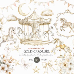Può includere: Un set di clipart digitali ad acquerello con una giostra dorata, cavalli, luna crescente, nuvole, festoni, palloncini, stelle, farfalle, fiocchi e composizioni floreali. Testo: COMMERCIAL USE GOLD CAROUSEL Watercolor Clipartset PNG 61 300 DPI.