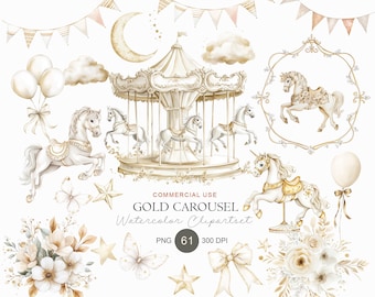 May include: A digital watercolor clipart set featuring a gold carousel, horses, crescent moon, clouds, bunting, balloons, stars, butterflies, bows, and floral arrangements. Text reads: COMMERCIAL USE GOLD CAROUSEL Watercolor Clipartset PNG 61 300 DPI.