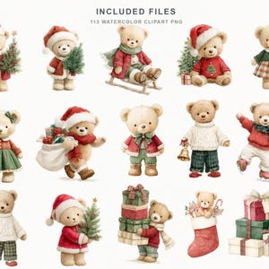May include: A collection of 113 watercolor clipart PNG files featuring teddy bears in various Christmas-themed outfits and poses, including bears with Santa hats, holiday trees, gift boxes, stockings, and winter clothing items like scarves.
