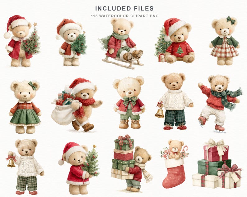 May include: A collection of 113 watercolor clipart PNG files featuring teddy bears in various Christmas-themed outfits and poses, including bears with Santa hats, holiday trees, gift boxes, stockings, and winter clothing items like scarves.