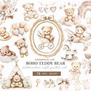 Aquarel teddybeer clipart, boho neutrale babyshower png, beige kinderkamergraphics