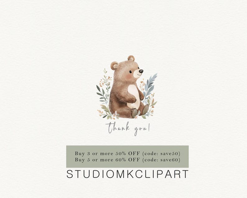 Op de afbeelding: Waterverfillustratie van een zittende bruine beer met een witte buik, omringd door groen. De tekst "thank you!" is geschreven in een scriptlettertype. De afbeelding bevat ook de tekst "STUDIOMKCLIPART".