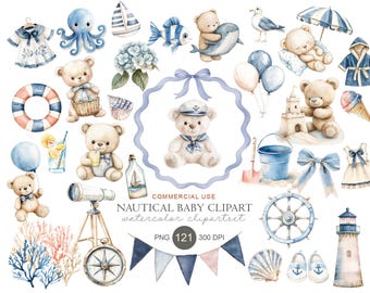 Nautical Baby Clipart, Watercolor Sailor Teddy Bear, Ocean Animals, Coastal Nursery PNG (Digital Download)