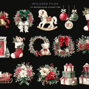 May include: A collection of 113 watercolor Christmas clipart PNG files featuring festive imagery including gold bells, wreaths, a rocking horse, ornaments, stockings, a red door, a teddy bear, poinsettia bouquets, a sleigh, and wrapped gift boxes.
