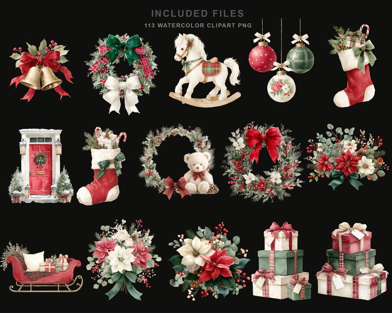 May include: A collection of 113 watercolor Christmas clipart PNG files featuring festive imagery including gold bells, wreaths, a rocking horse, ornaments, stockings, a red door, a teddy bear, poinsettia bouquets, a sleigh, and wrapped gift boxes.