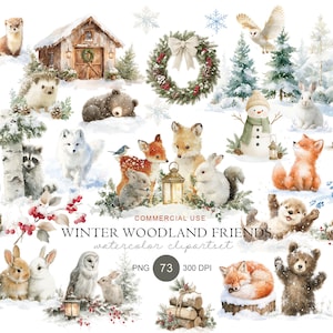 Aquarel clipart van winterse bosdieren, besneeuwd boslandschap (digitale download)