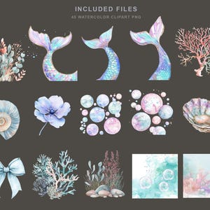 May include: Watercolor clipart set featuring mermaid tails, seashells, coral, bubbles, and a blue bow. The image includes a variety of aquatic elements in pastel colors, perfect for digital art projects. The text "INCLUDED FILES" and "45 WATERCOLOR CLIPART PNG" is at the top.