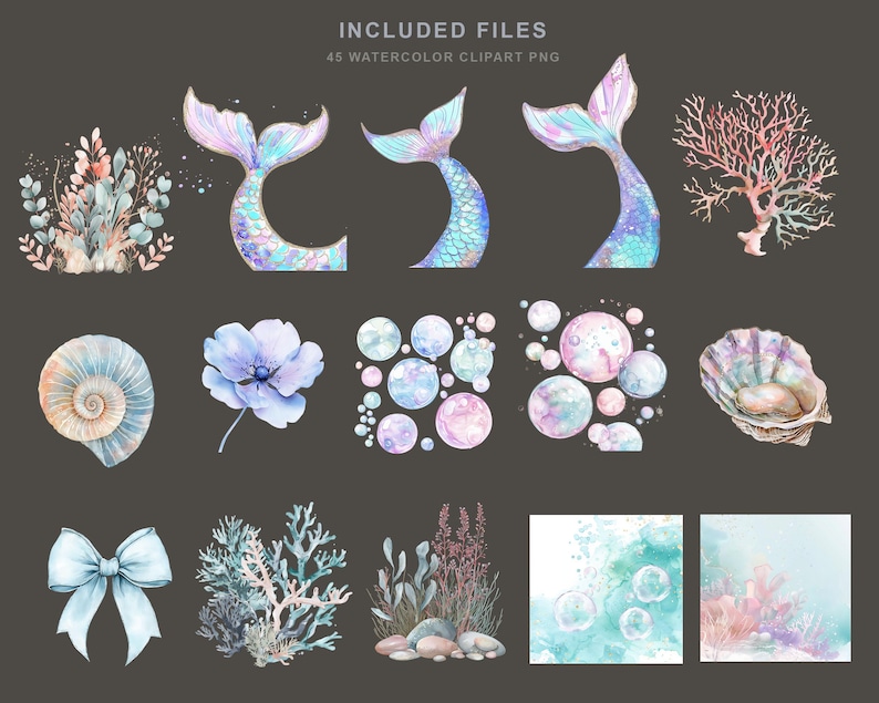 May include: Watercolor clipart set featuring mermaid tails, seashells, coral, bubbles, and a blue bow. The image includes a variety of aquatic elements in pastel colors, perfect for digital art projects. The text "INCLUDED FILES" and "45 WATERCOLOR CLIPART PNG" is at the top.