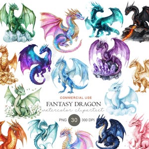 Può includere: Una collezione di illustrazioni di draghi ad acquerello in vari colori, tra cui verde, viola, blu, oro e rosa. Il set include draghi appollaiati su rocce, cristalli e nuvole, con il testo COMMERCIAL USE FANTASY DRAGON.