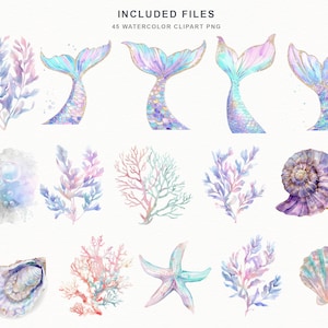 May include: Watercolor clipart set featuring mermaid tails, coral, seaweed, seashells, and a starfish. The illustrations are in shades of blue, purple, pink, and gold. The text "INCLUDED FILES 45 WATERCOLOR CLIPART PNG" is at the top.